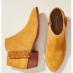 Anthropologie Mustard Yellow Suede Ankle Boot Desert Party Boho Fringe Size 11